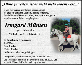 Traueranzeige von Irmgard Münten von Ostthüringer Zeitung, Thüringische Landeszeitung