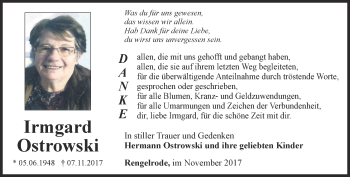 Traueranzeige von Irmgard Ostrowski von Thüringer Allgemeine