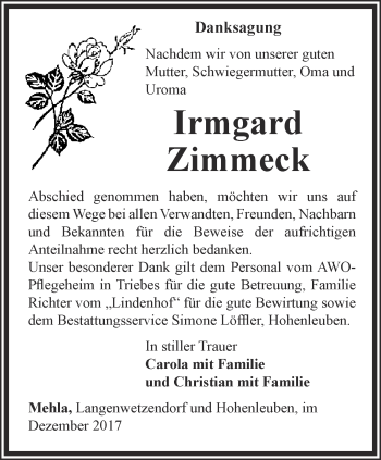 Traueranzeige von Irmgard Zimmeck von Ostthüringer Zeitung