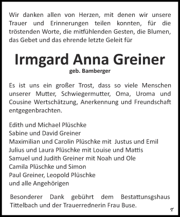 Traueranzeige von Irmgard Anna Greiner von Thüringer Allgemeine