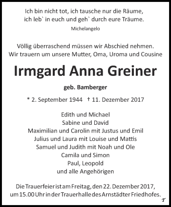 Traueranzeige von Irmgard Anna Greiner von Thüringer Allgemeine