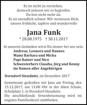 Traueranzeige von Jana Funk von Ostthüringer Zeitung, Thüringische Landeszeitung