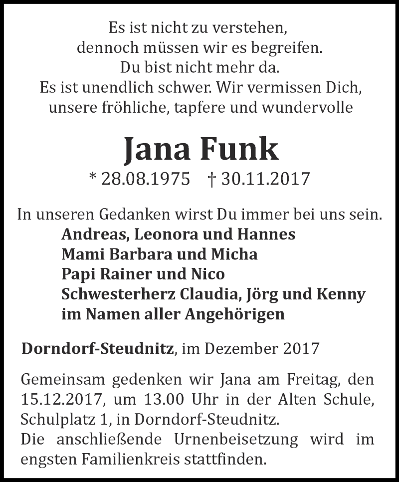  Traueranzeige für Jana Funk vom 09.12.2017 aus Ostthüringer Zeitung, Thüringische Landeszeitung