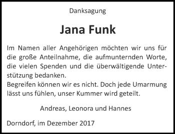 Traueranzeige von Jana Funk von Ostthüringer Zeitung, Thüringische Landeszeitung