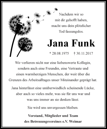 Traueranzeige von Jana Funk von Thüringer Allgemeine, Thüringische Landeszeitung