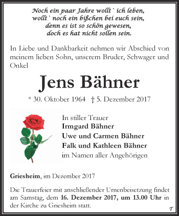 Traueranzeige von Jens Bähner von Thüringer Allgemeine