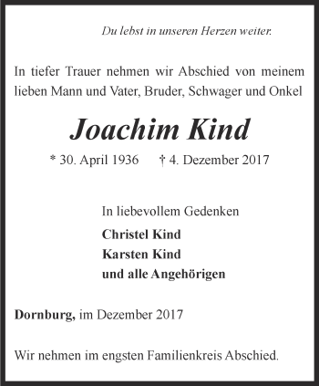 Traueranzeige von Joachim Kind von Ostthüringer Zeitung, Thüringische Landeszeitung