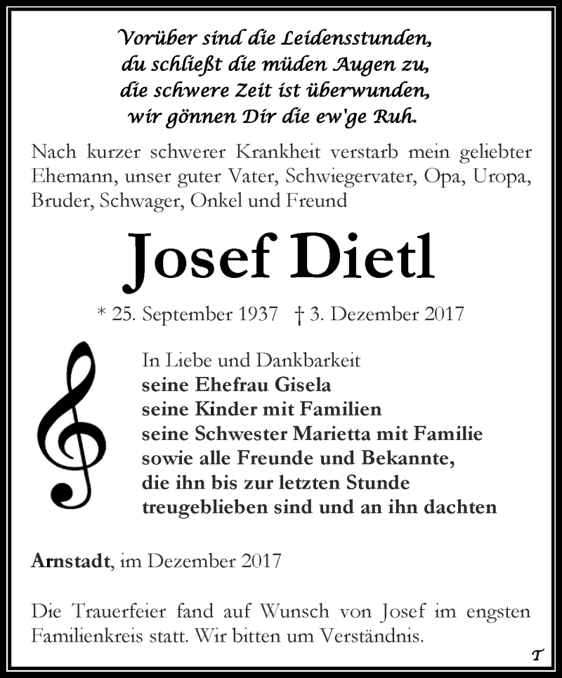  Traueranzeige für Josef Dietl vom 16.12.2017 aus Thüringer Allgemeine