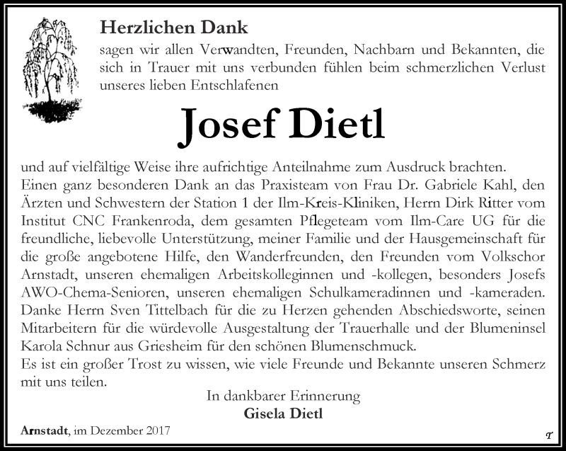  Traueranzeige für Josef Dietl vom 30.12.2017 aus Thüringer Allgemeine