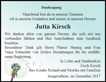 Traueranzeige von Jutta Kirsch von Ostthüringer Zeitung, Thüringische Landeszeitung