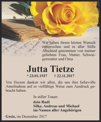 Traueranzeige von Jutta Tietze