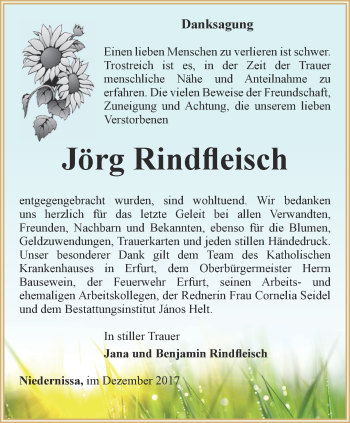 Traueranzeige von Jörg Rindfleisch von Thüringer Allgemeine, Thüringische Landeszeitung