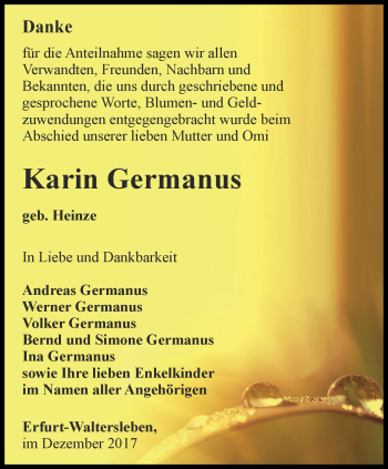 Traueranzeige von Karin Germanus von Thüringer Allgemeine, Thüringische Landeszeitung