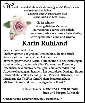 Traueranzeige von Karin Ruhland von Thüringer Allgemeine, Thüringische Landeszeitung