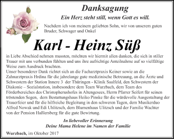 Traueranzeige von Karl-Heinz Süß von Ostthüringer Zeitung