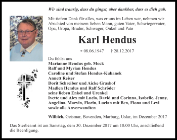 Traueranzeige von Karl Hendus von Thüringer Allgemeine