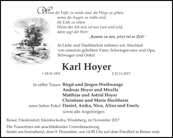 Traueranzeige von Karl Hoyer von Thüringer Allgemeine, Thüringische Landeszeitung