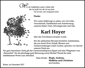 Traueranzeige von Karl Hoyer von Thüringer Allgemeine, Thüringische Landeszeitung