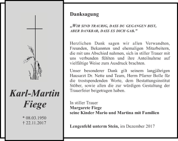Traueranzeige von Karl-Martin Fiege von Thüringer Allgemeine, Thüringische Landeszeitung