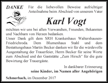 Traueranzeige von Karl Vogt von Ostthüringer Zeitung, Thüringische Landeszeitung