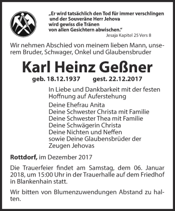 Traueranzeige von Karl Heinz Geßner von Thüringer Allgemeine, Thüringische Landeszeitung