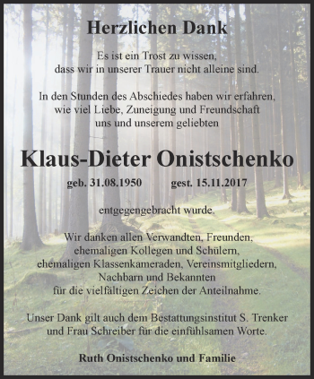 Traueranzeige von Klaus-Dieter Onistschenko von Ostthüringer Zeitung, Thüringische Landeszeitung