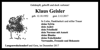 Traueranzeige von Klaus Geisler von Ostthüringer Zeitung