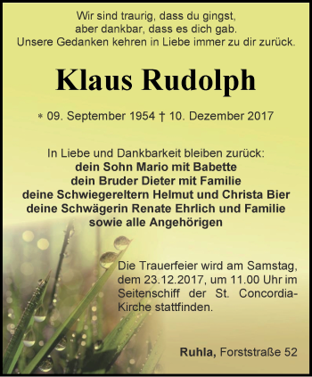 Traueranzeige von Klaus Rudolph von Thüringer Allgemeine, Thüringische Landeszeitung