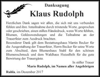 Traueranzeige von Klaus Rudolph von Thüringer Allgemeine, Thüringische Landeszeitung