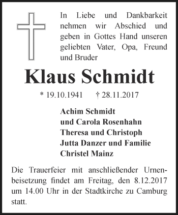 Traueranzeige von Klaus Schmidt von Ostthüringer Zeitung, Thüringische Landeszeitung