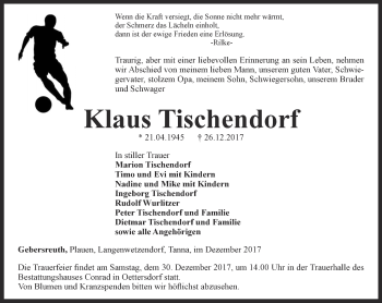 Traueranzeige von Klaus Tischendorf von Ostthüringer Zeitung