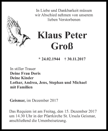 Traueranzeige von Klaus Peter Groß von Thüringer Allgemeine