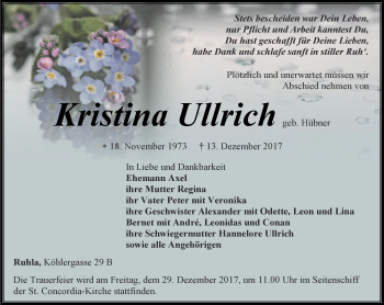 Traueranzeige von Kristina Ullrich von Thüringer Allgemeine, Thüringische Landeszeitung