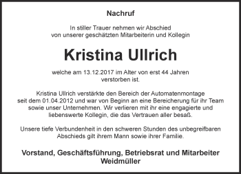 Traueranzeige von Kristina Ullrich von Thüringer Allgemeine, Thüringische Landeszeitung