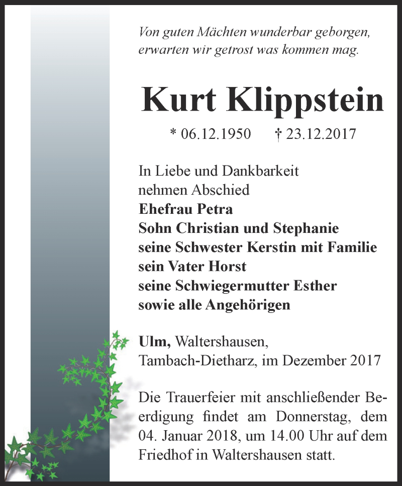  Traueranzeige für Kurt Klippstein vom 30.12.2017 aus Ostthüringer Zeitung, Thüringische Landeszeitung