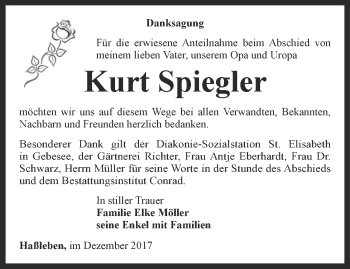 Traueranzeige von Kurt Spiegler von Thüringer Allgemeine, Thüringische Landeszeitung