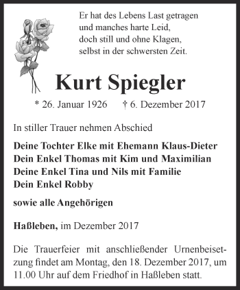 Traueranzeige von Kurt Spiegler von Thüringer Allgemeine, Thüringische Landeszeitung