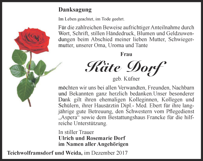  Traueranzeige für Käte  Dorf vom 02.12.2017 aus Ostthüringer Zeitung