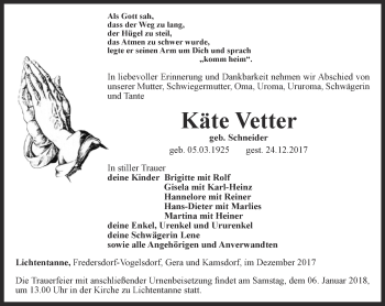 Traueranzeige von Käte Vetter von Ostthüringer Zeitung