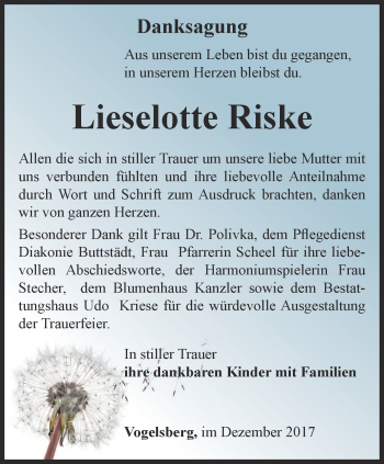 Traueranzeige von Lieselotte Riske von Thüringer Allgemeine