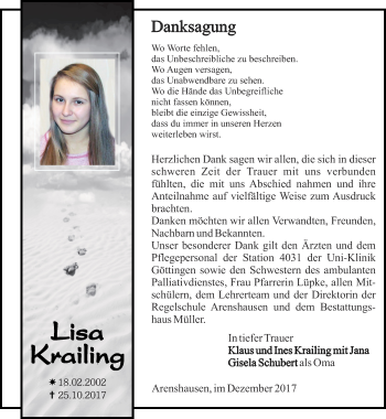 Traueranzeige von Lisa Krailing von Thüringer Allgemeine