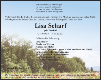 Traueranzeige von Lisa Scharf von Ostthüringer Zeitung, Thüringische Landeszeitung