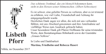 Traueranzeige von Lisbeth Pforr von Thüringer Allgemeine, Thüringische Landeszeitung