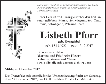 Traueranzeige von Lisbeth Pforr von Thüringer Allgemeine, Thüringische Landeszeitung