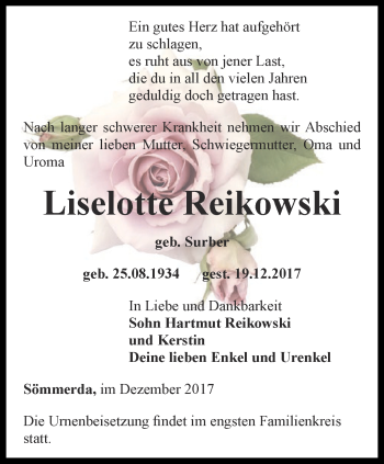 Traueranzeige von Liselotte Reikowski von Thüringer Allgemeine