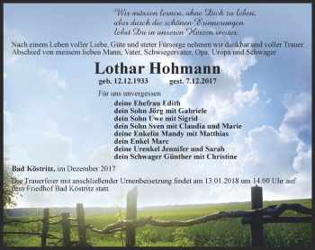 Traueranzeige von Lothar Hohmann von Ostthüringer Zeitung