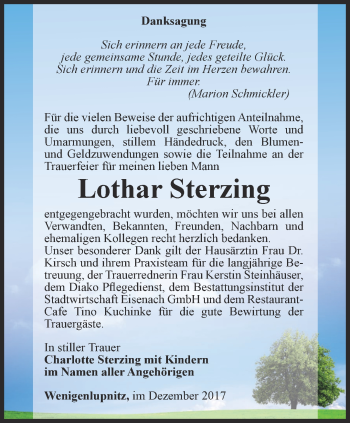 Traueranzeige von Lothar Sterzing von Thüringer Allgemeine, Thüringische Landeszeitung