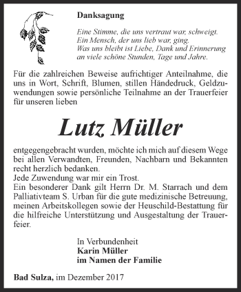 Traueranzeige von Lutz Müller von Thüringer Allgemeine, Thüringische Landeszeitung