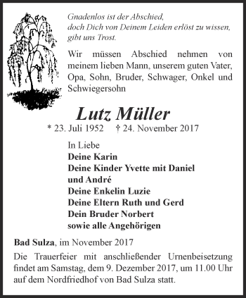 Traueranzeige von Lutz Müller von Thüringer Allgemeine, Thüringische Landeszeitung