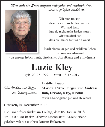 Traueranzeige von Luzie Kley von Thüringer Allgemeine, Thüringische Landeszeitung